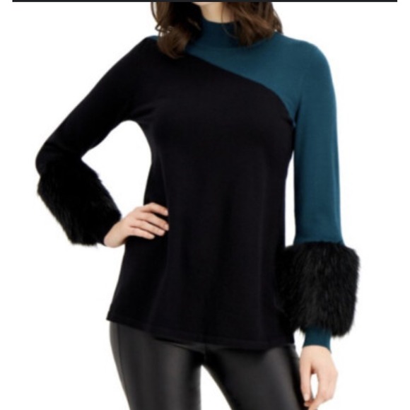Alfani Large‎ Faux Fur Cuff Color Block Green Black Holiday Sweater mock neck - Picture 1 of 9